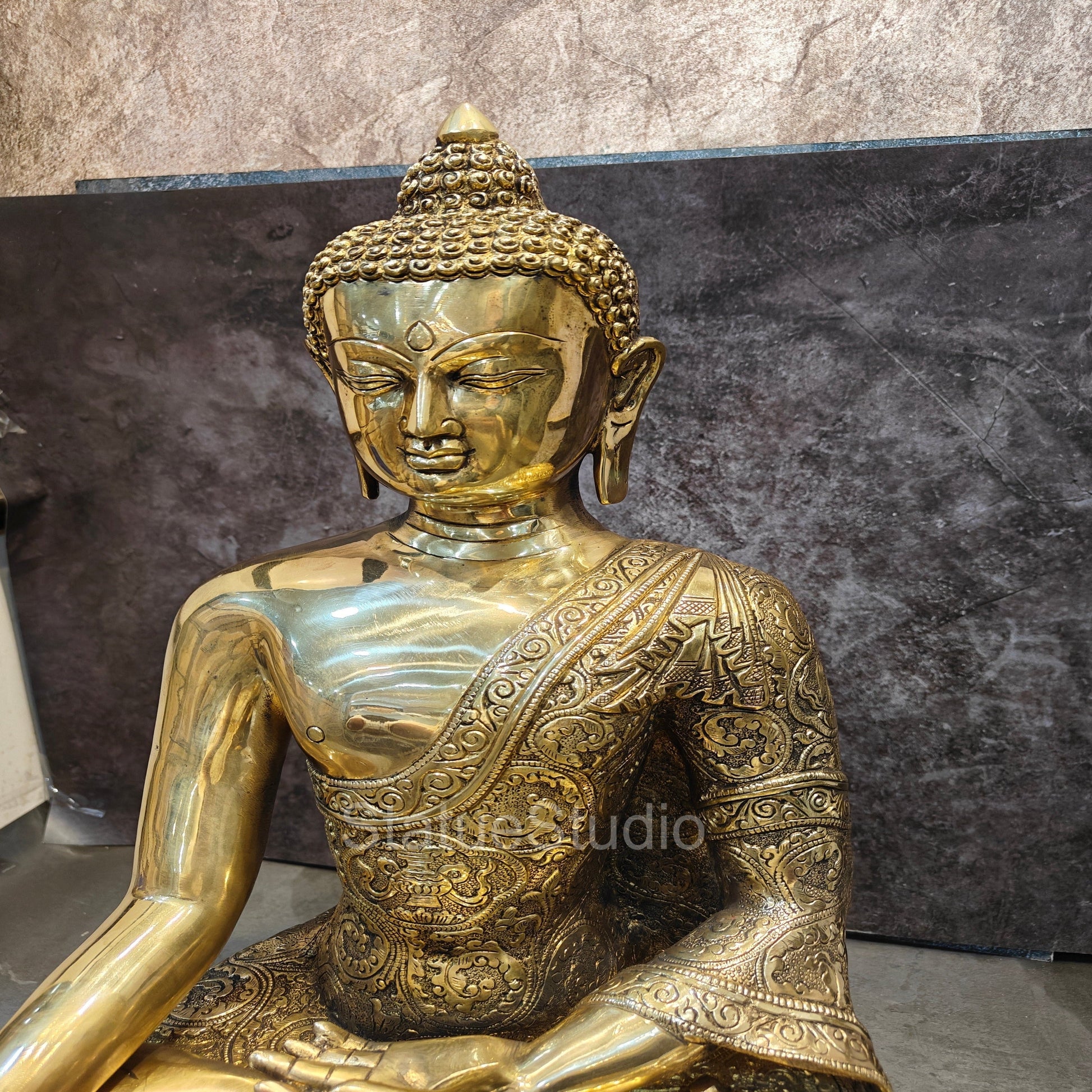 Brass Large Carving Buddha Statue Antique Finish For Home Decor 2 Feet - Image 2