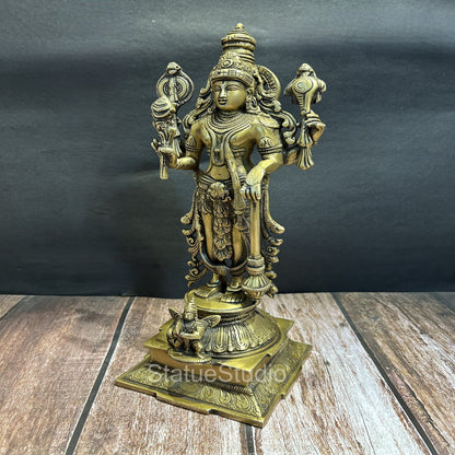 Brass Standing Vishnu Idol Antique Finish For Home Temple Decor 14.5" by vendor-unknown - Hindu Gods (View 2)