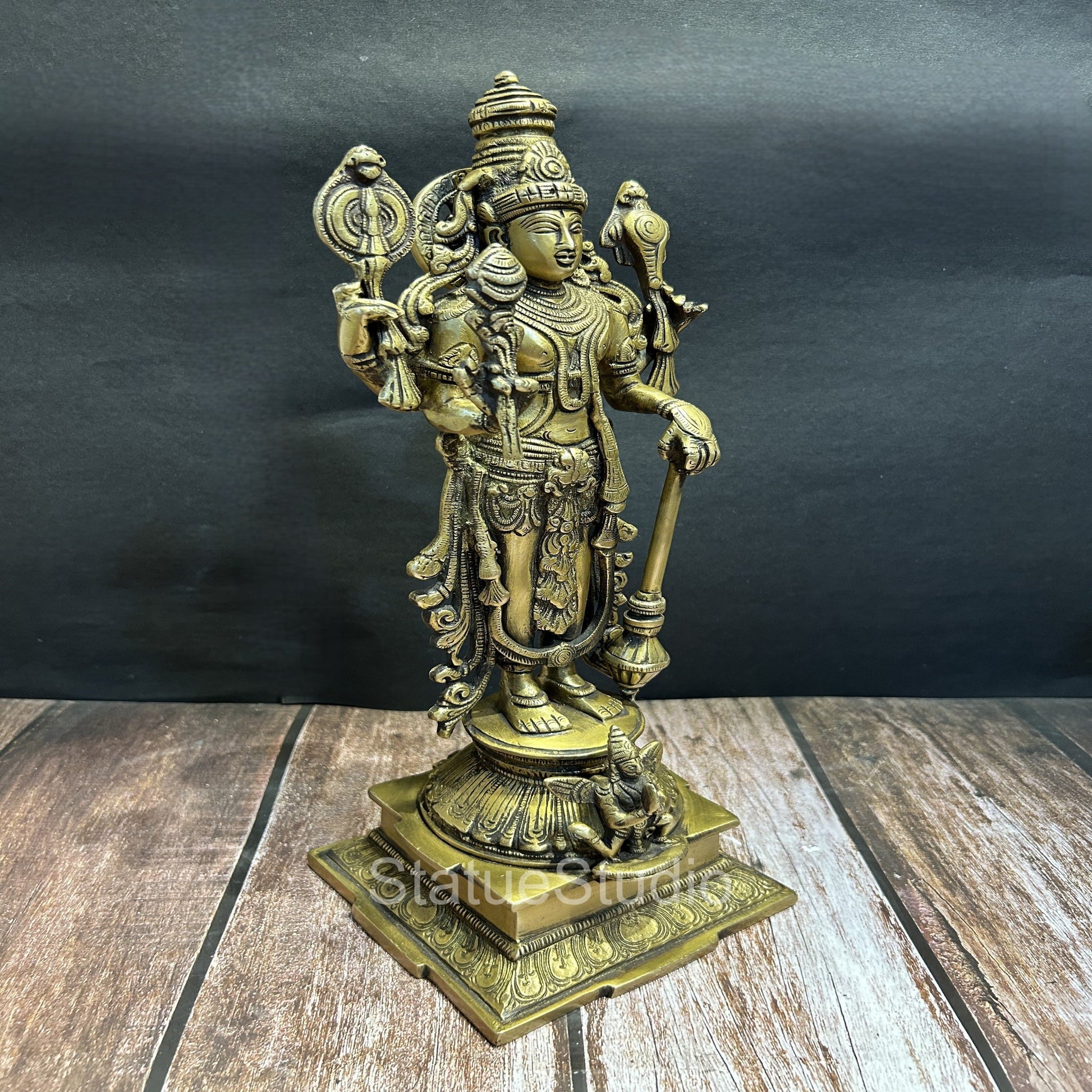 Brass Standing Vishnu Idol Antique Finish For Home Temple Decor 14.5" - Image 3