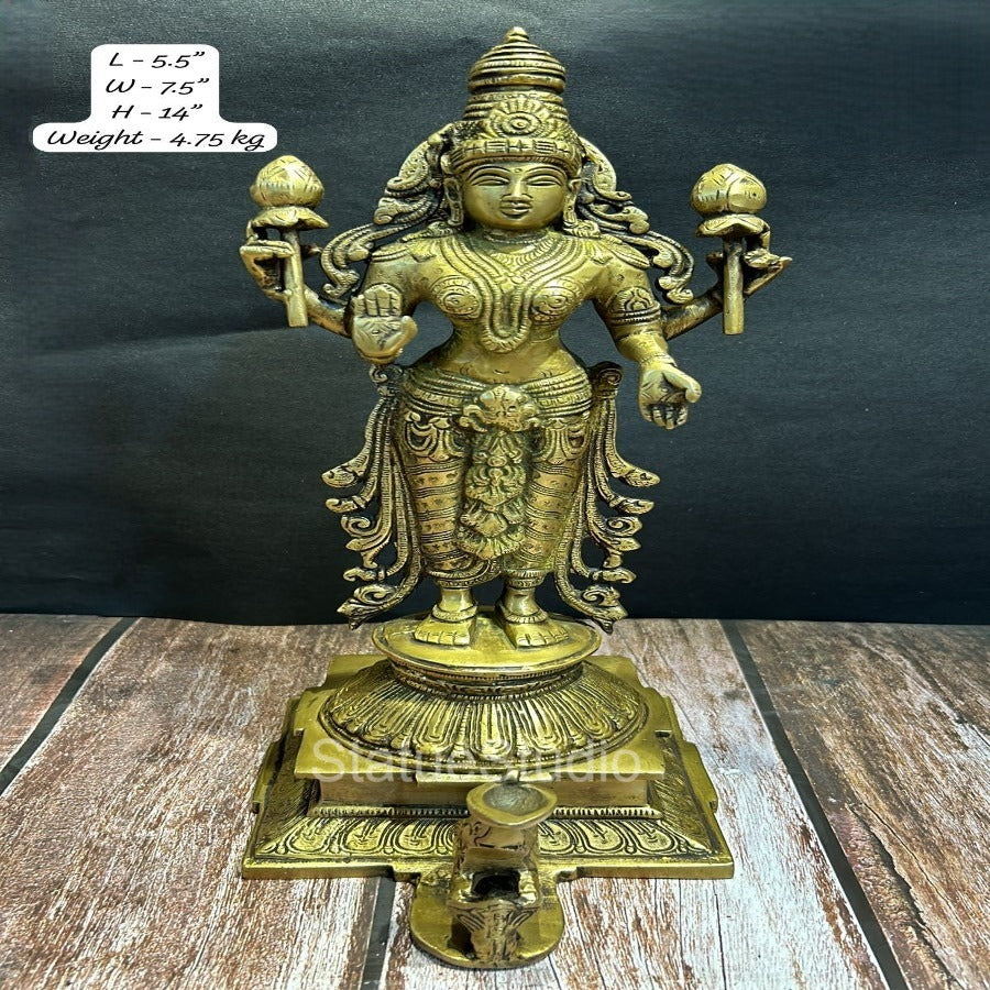 Brass Goddess Lakshmi Idol Antique Finish For Home Decor 14"