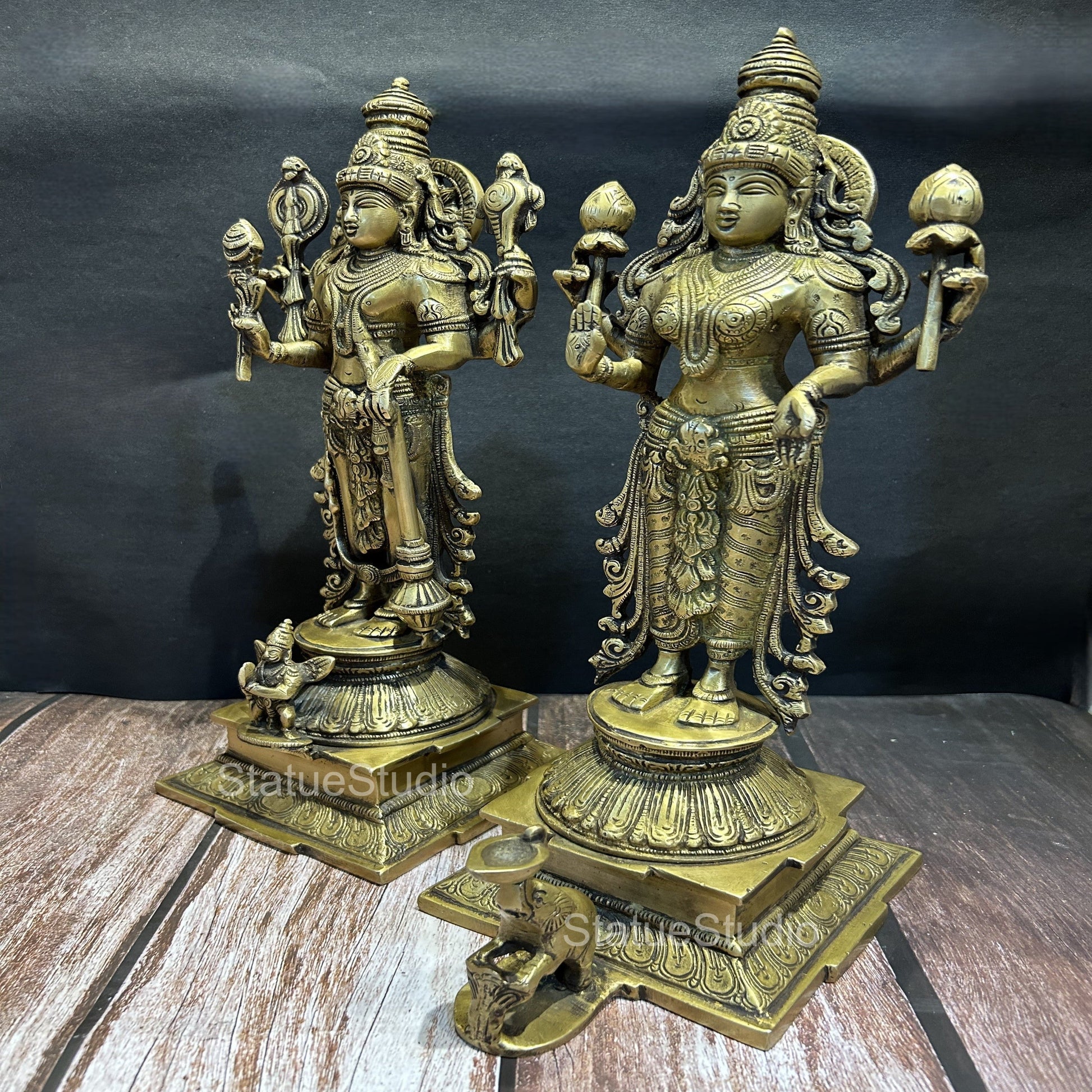 Brass Vishnu Lakshmi Idol Antique Finish For Home Temple Decor 14" - Image 2