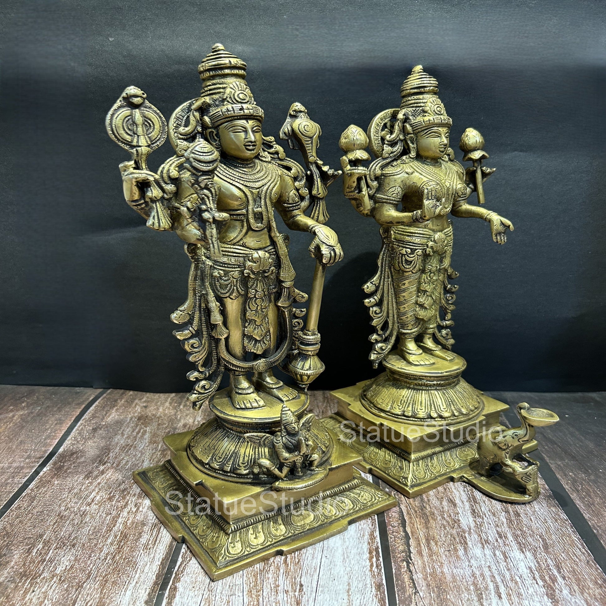 Brass Vishnu Lakshmi Idol Antique Finish For Home Temple Decor 14" - Image 3