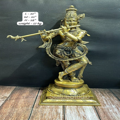 Brass Large Krishna Statue Antique Finish for Home Temple Decor 28" by vendor-unknown - Hindu Gods (View 6)