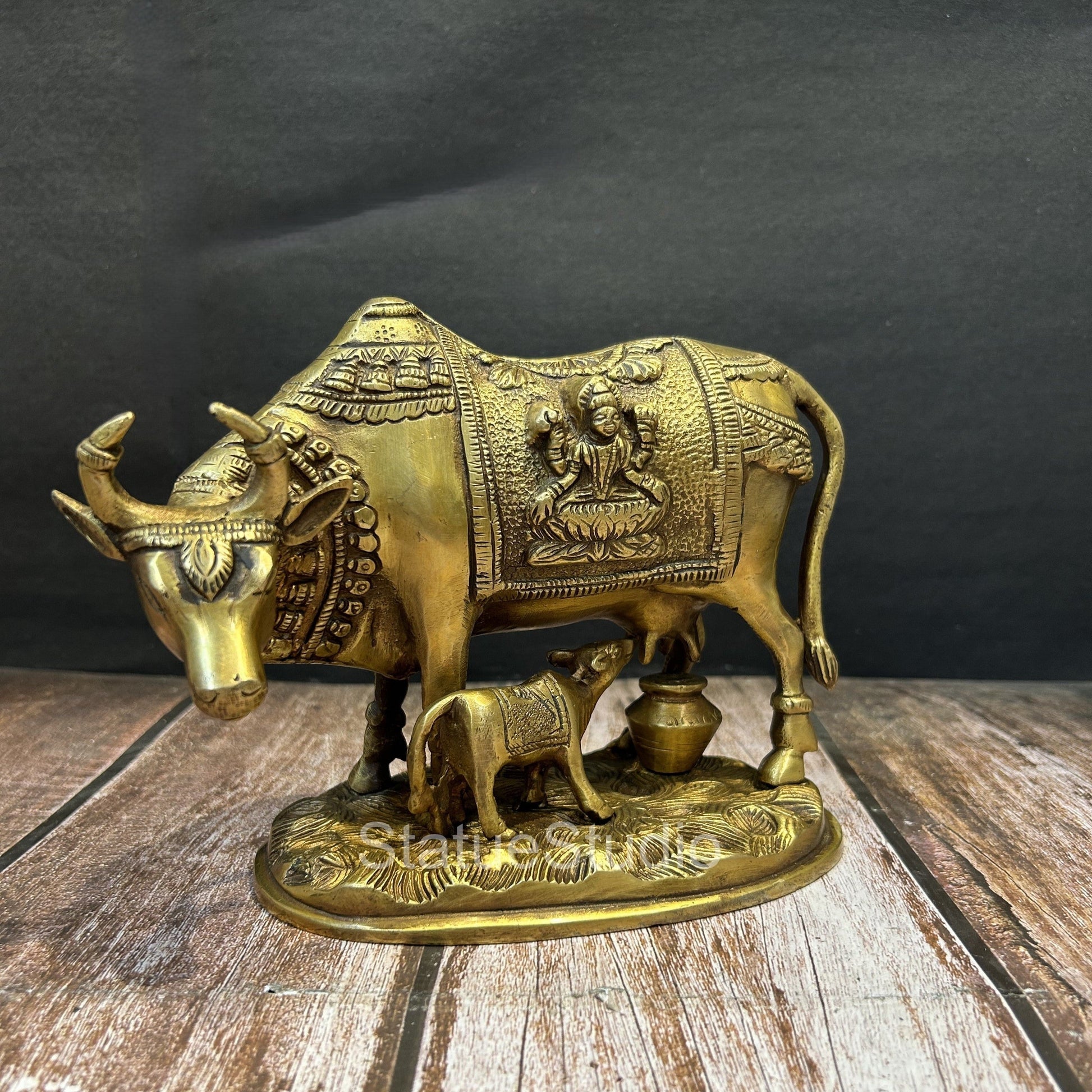 Brass Cow With Calf Idol Lakshmi Ganesha Engraved For Home Decor Showpiece 7" - Image 2