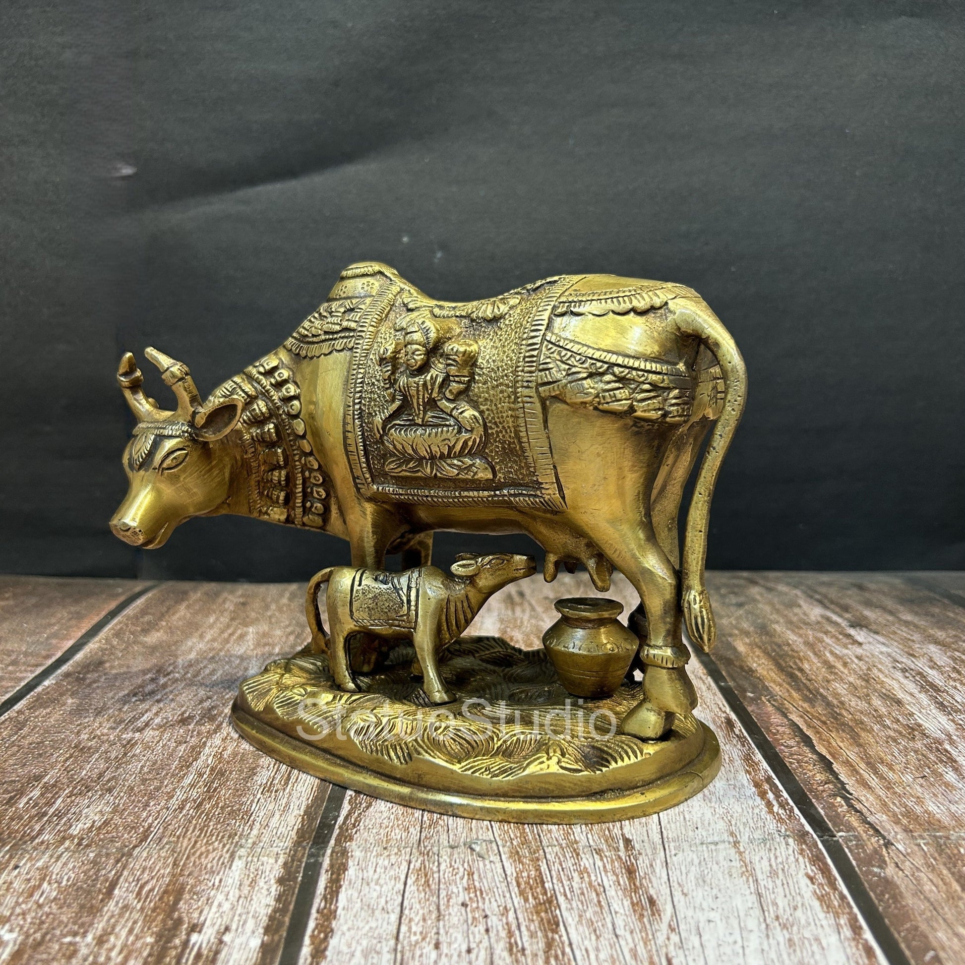 Brass Cow With Calf Idol Lakshmi Ganesha Engraved For Home Decor Showpiece 7" - Image 3