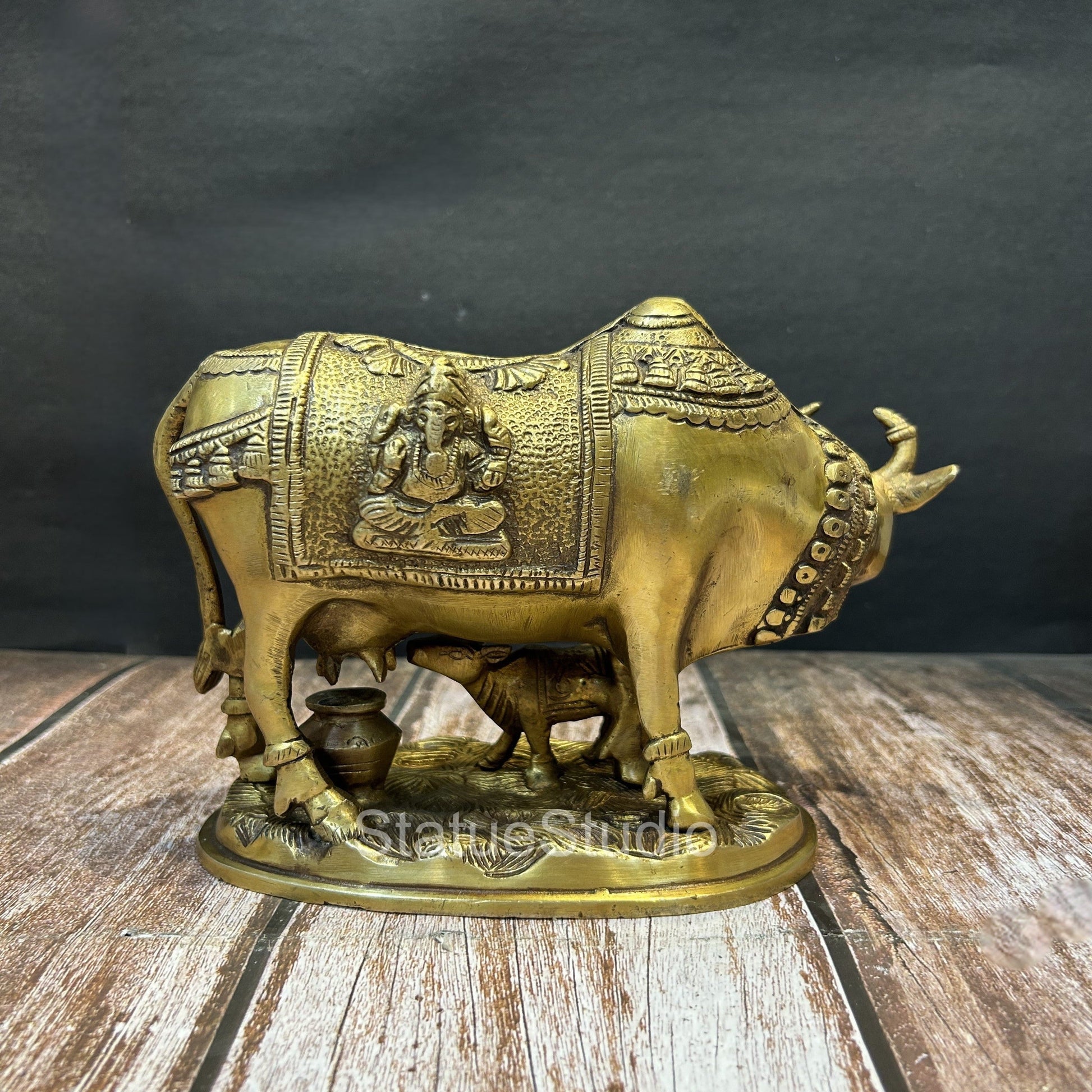 Brass Cow With Calf Idol Lakshmi Ganesha Engraved For Home Decor Showpiece 7" - Image 4