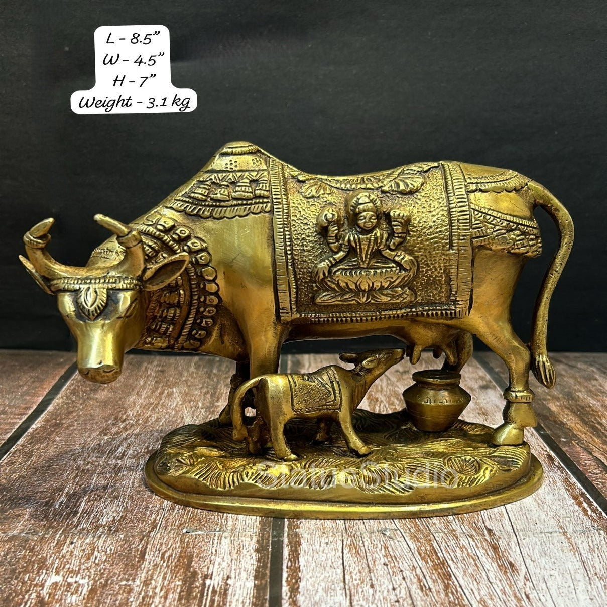 Brass Cow With Calf Idol Lakshmi Ganesha Engraved For Home Decor Showpiece 7" - Image 5