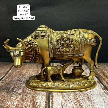 Brass Cow With Calf Idol Lakshmi Ganesha Engraved For Home Decor Showpiece 7" by vendor-unknown - Spiritual (View 5)
