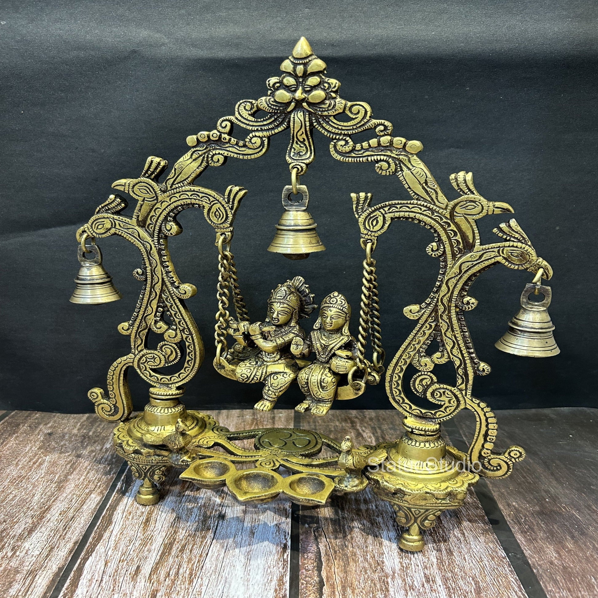 Brass Radha Krishna On Swing Idol Antique Finish For Home Decor 14" - Image 3