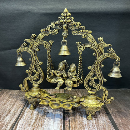 Brass Radha Krishna On Swing Idol Antique Finish For Home Decor 14" by vendor-unknown - Hindu Gods (View 3)