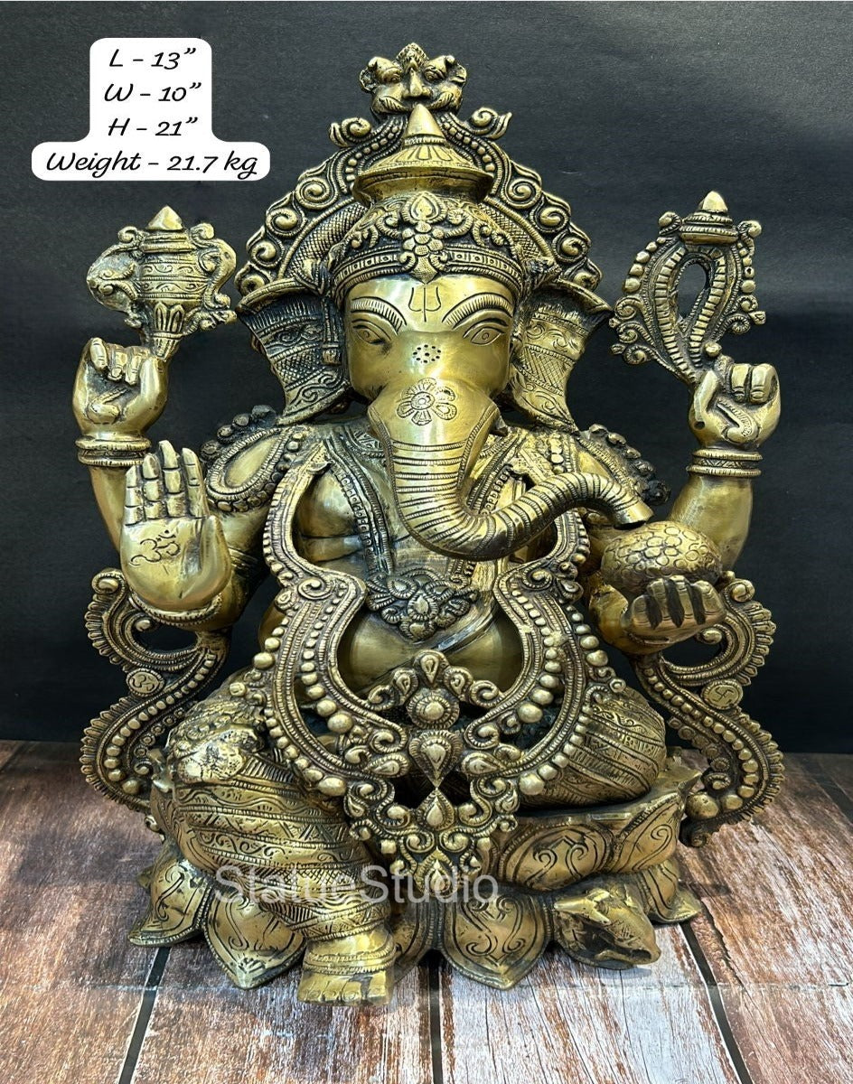 Brass Large Ganesha Idol With Jewellery On Lotus Base For Home Decor 2 Feet