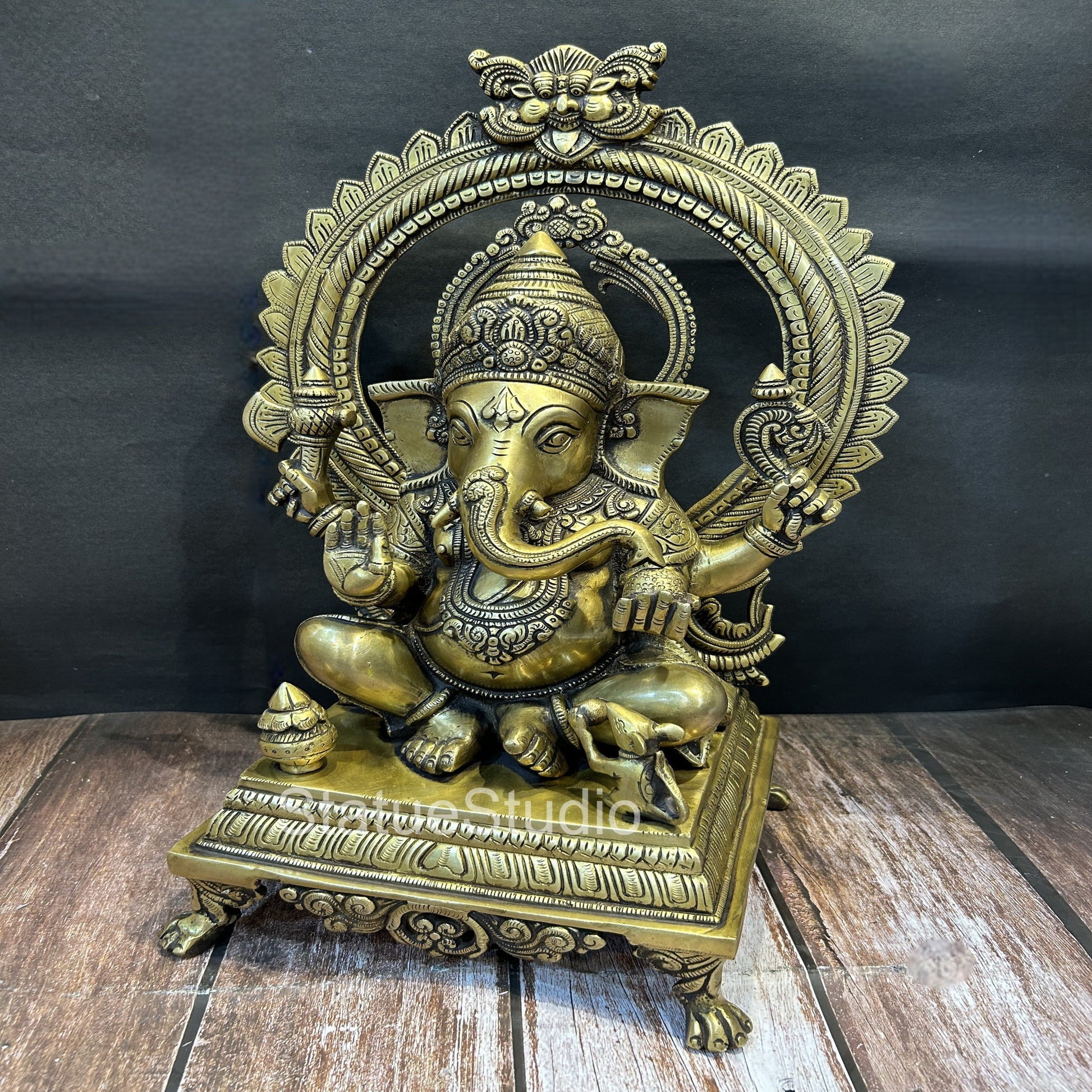 Brass Ganesha Idol With Temple Arch Antique Finish For Home Decor 19" - Image 2