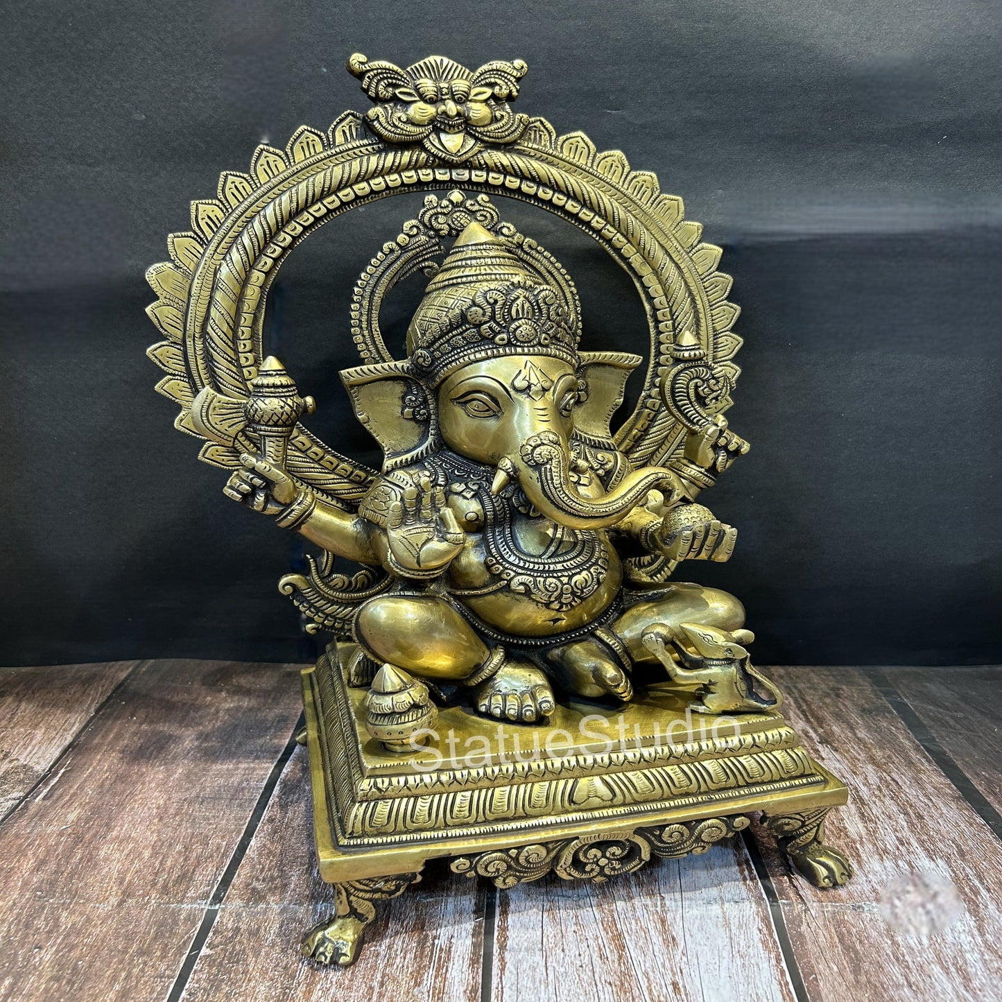 Brass Ganesha Idol With Temple Arch Antique Finish For Home Decor 19"