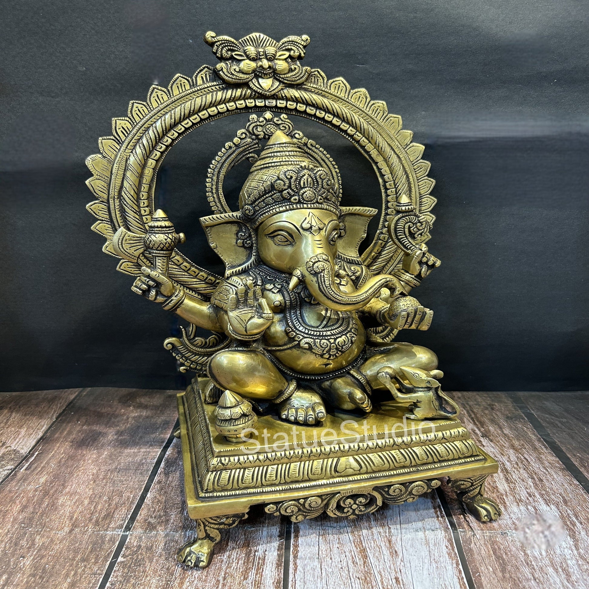 Brass Ganesha Idol With Temple Arch Antique Finish For Home Decor 19" - Image 3