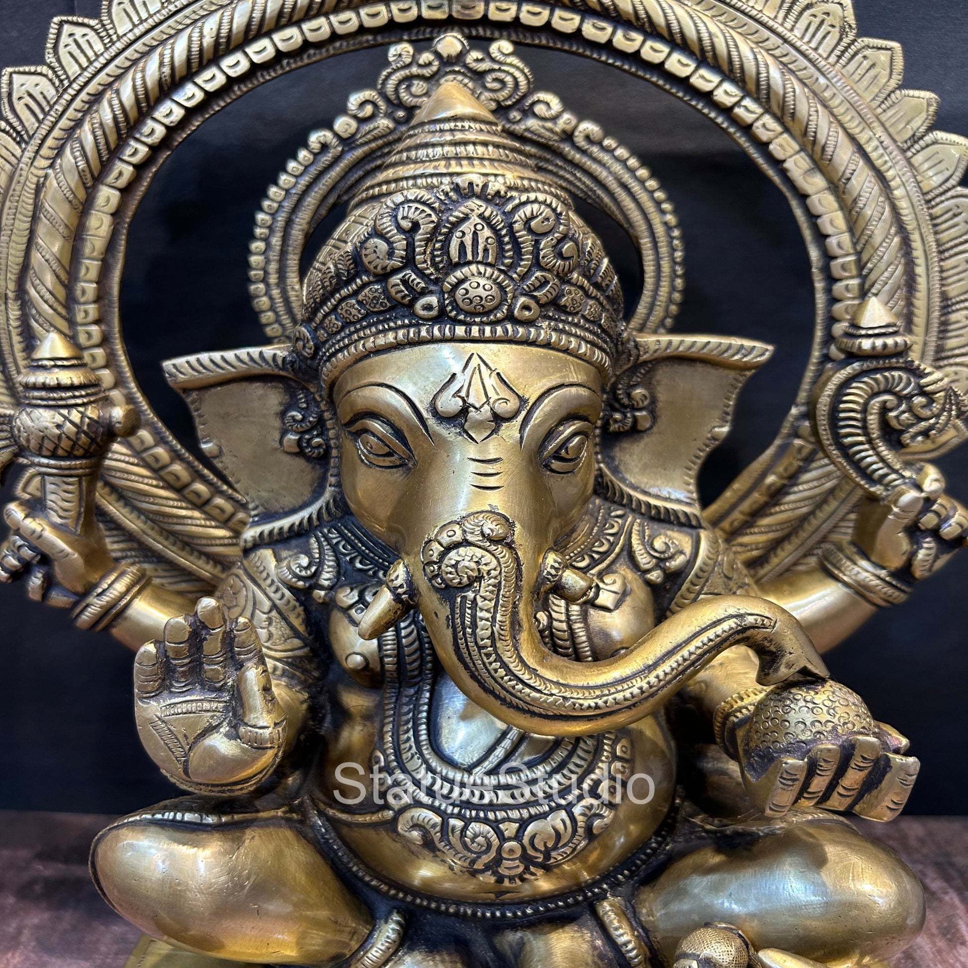 Brass Ganesha Idol With Temple Arch Antique Finish For Home Decor 19" - Image 4