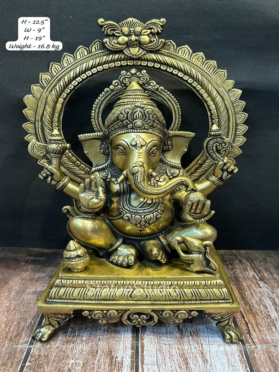 Brass Ganesha Idol With Temple Arch Antique Finish For Home Decor 19" - Image 6
