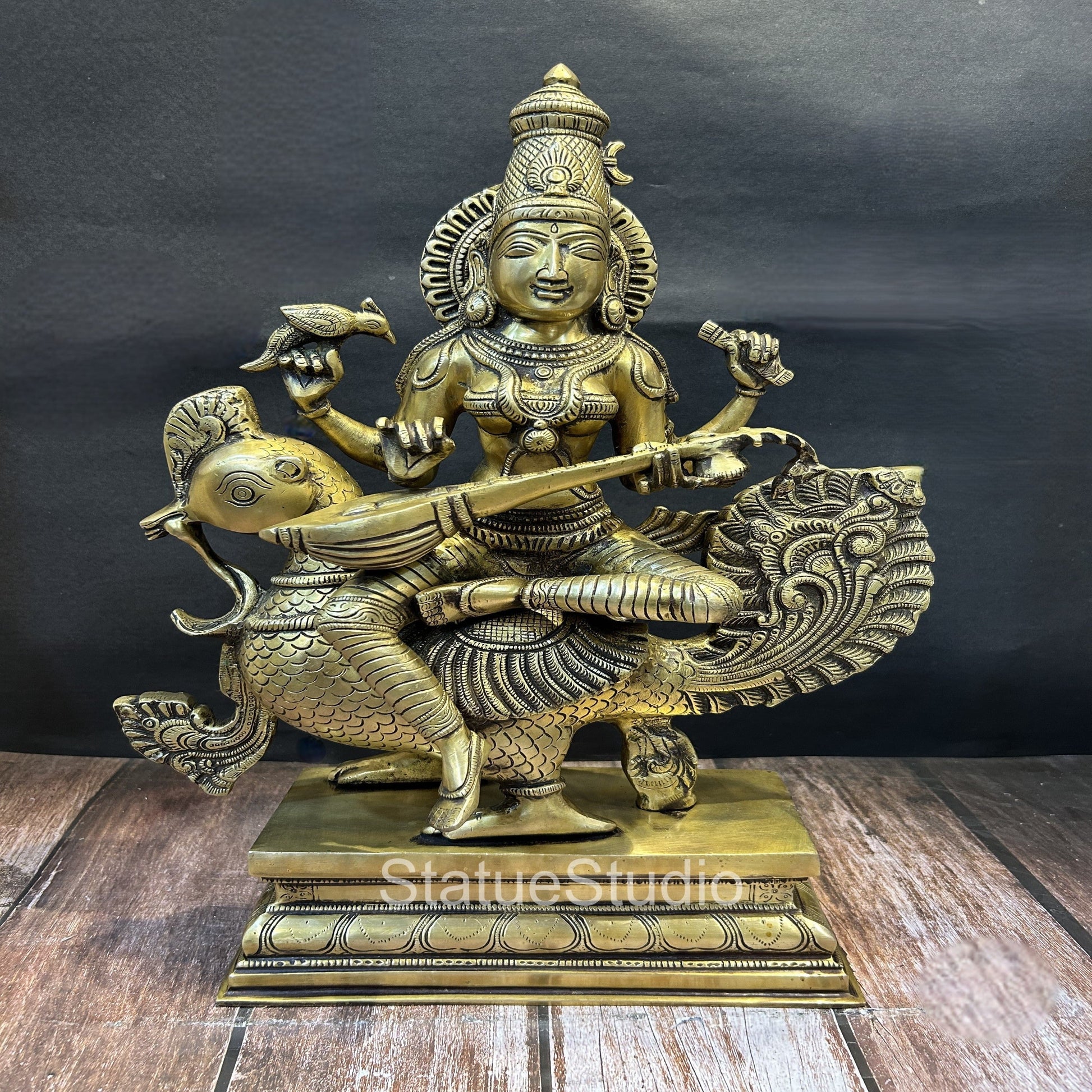 Brass Goddess Saraswati On Swan Playing Veena Antique Finish For Home Decor 19" - Image 2