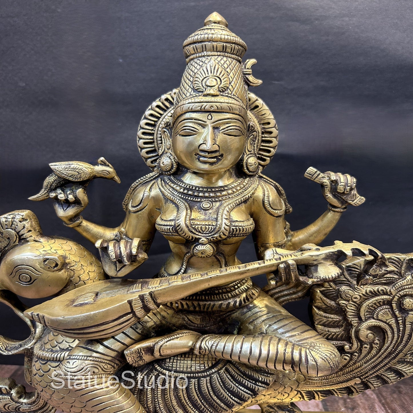 Brass Goddess Saraswati On Swan Playing Veena Antique Finish For Home Decor 19"