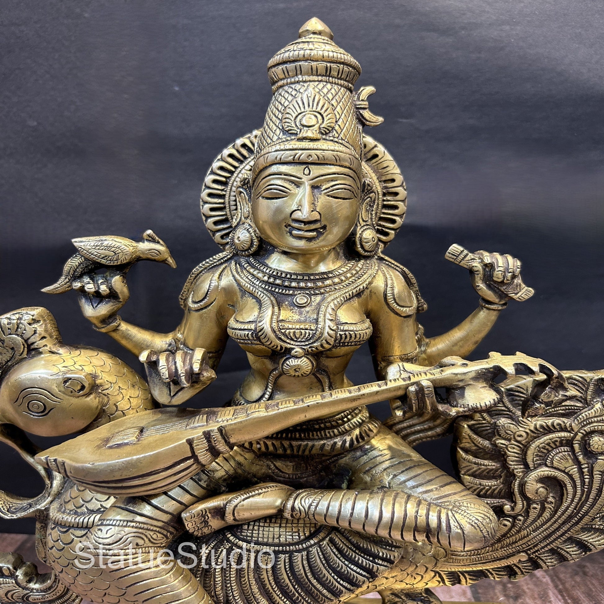 Brass Goddess Saraswati On Swan Playing Veena Antique Finish For Home Decor 19" - Image 6