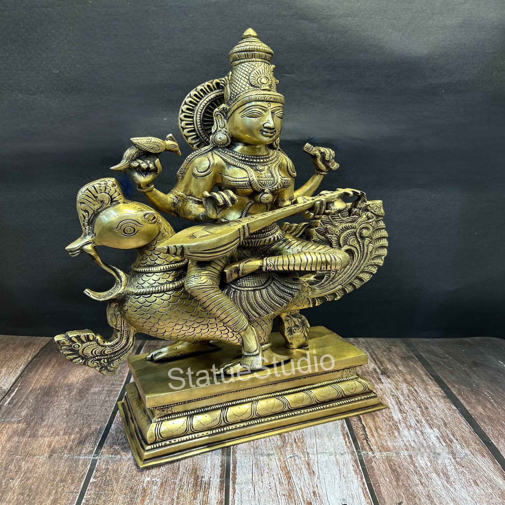 Brass Goddess Saraswati On Swan Playing Veena Antique Finish For Home Decor 19" - Image 3