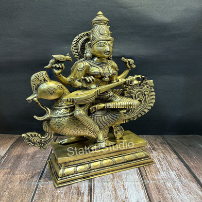 Brass Goddess Saraswati On Swan Playing Veena Antique Finish For Home Decor 19" by vendor-unknown - Hindu Gods (View 3)