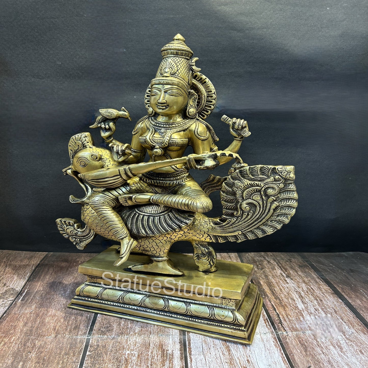 Brass Goddess Saraswati On Swan Playing Veena Antique Finish For Home Decor 19"