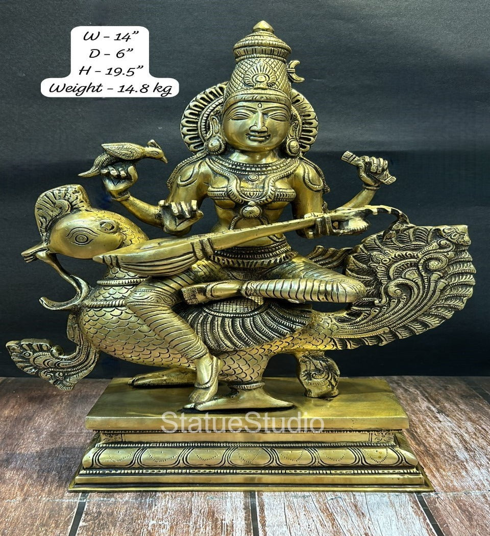 Brass Goddess Saraswati On Swan Playing Veena Antique Finish For Home Decor 19" - Image 7