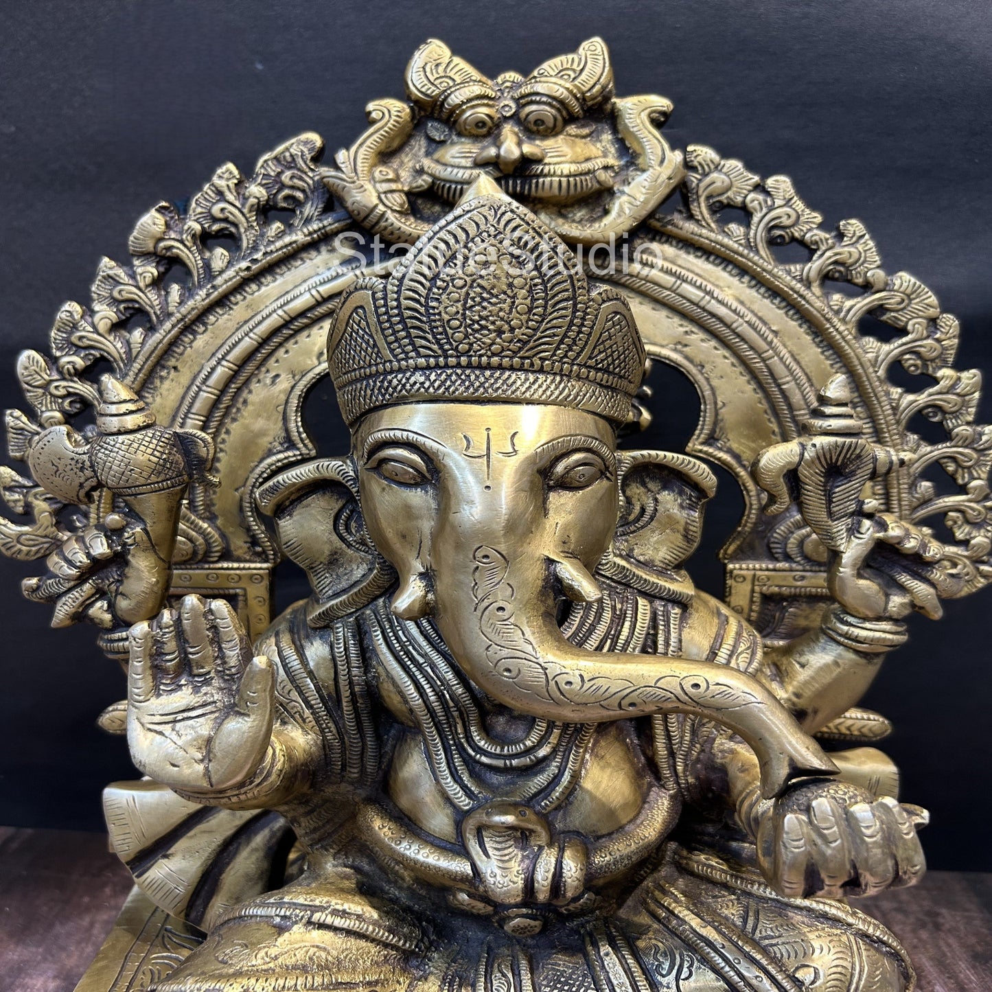 Brass Sitting Ganesha Statue With Temple Arch Antique Finish For Home Decor 19"