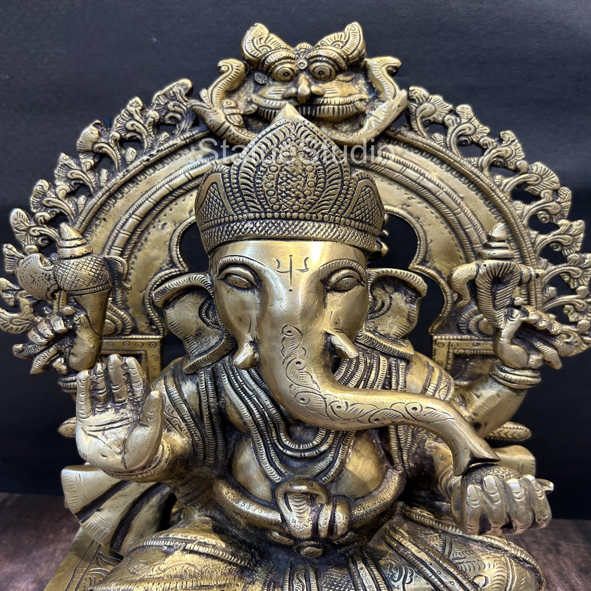 Brass Sitting Ganesha Statue With Temple Arch Antique Finish For Home Decor 19" - Image 2