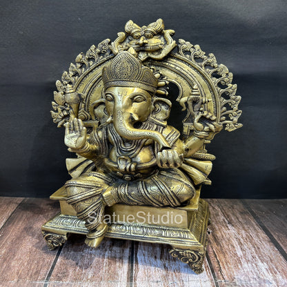 Brass Sitting Ganesha Statue With Temple Arch Antique Finish For Home Decor 19" by vendor-unknown - Hindu Gods (View 4)