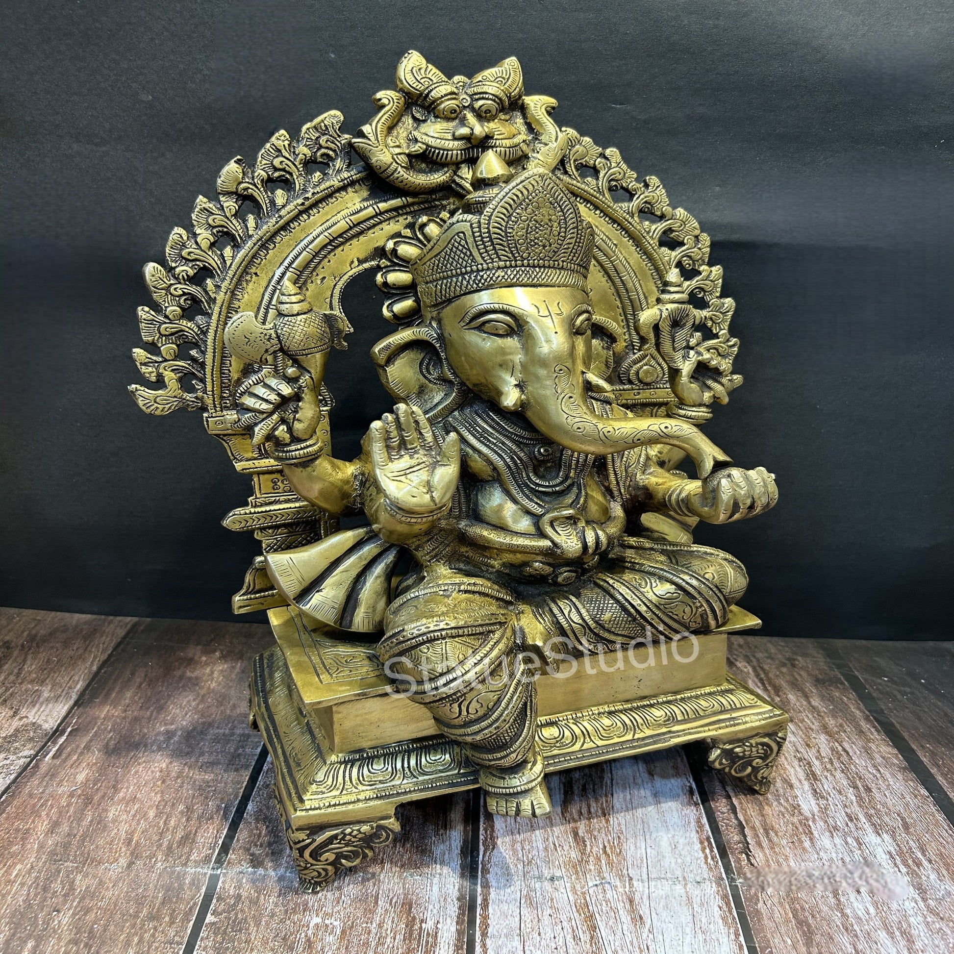Brass Sitting Ganesha Statue With Temple Arch Antique Finish For Home Decor 19" - Image 3