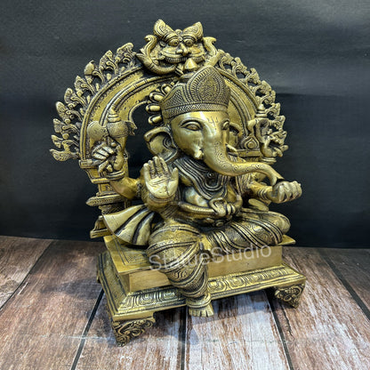 Brass Sitting Ganesha Statue With Temple Arch Antique Finish For Home Decor 19" by vendor-unknown - Hindu Gods (View 3)
