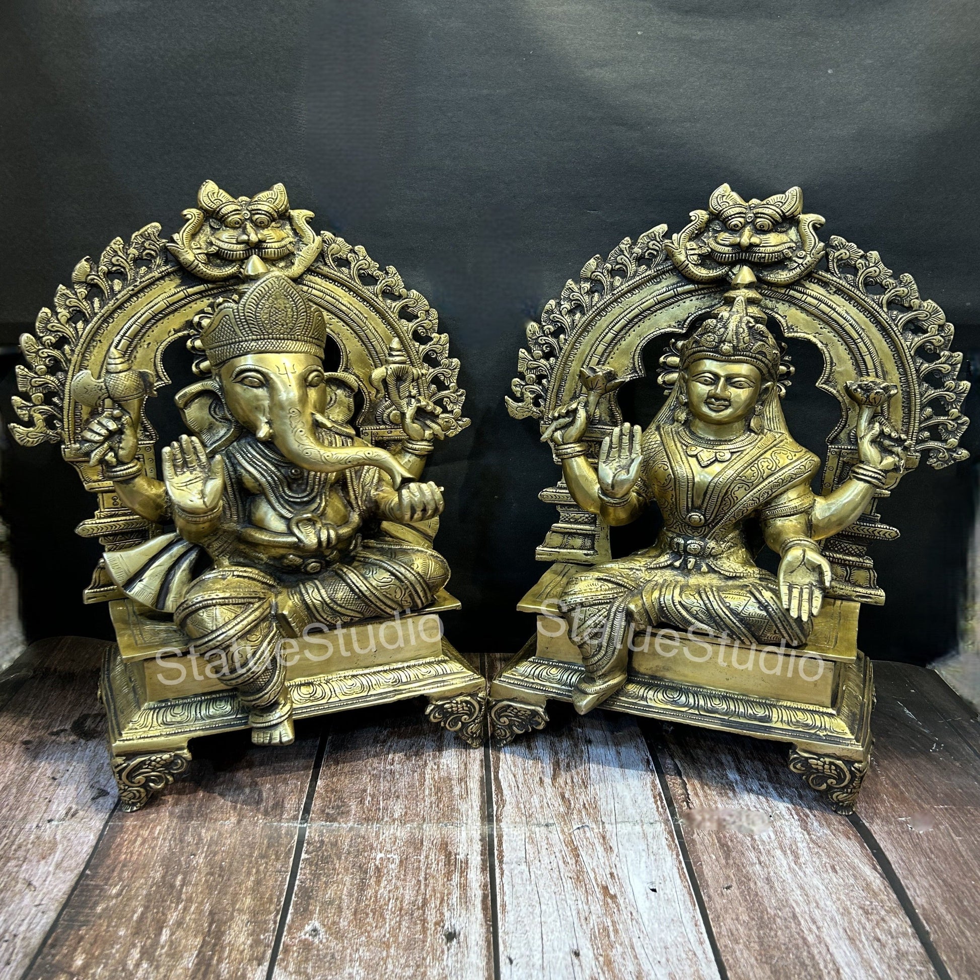 Brass Ganesha Lakshmi Idol Antique Finish For Home Temple Decor Gift 19" - Image 2