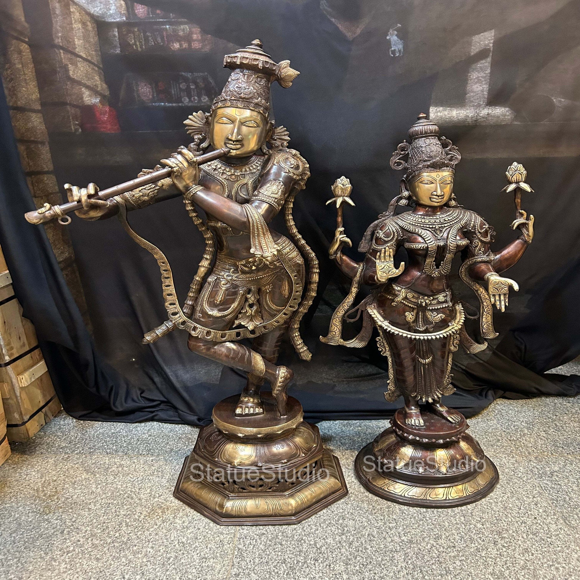 Brass Lord Radha Krishna Idol Antique Finish For Home Decor Showpiece 4 Feet - Image 2