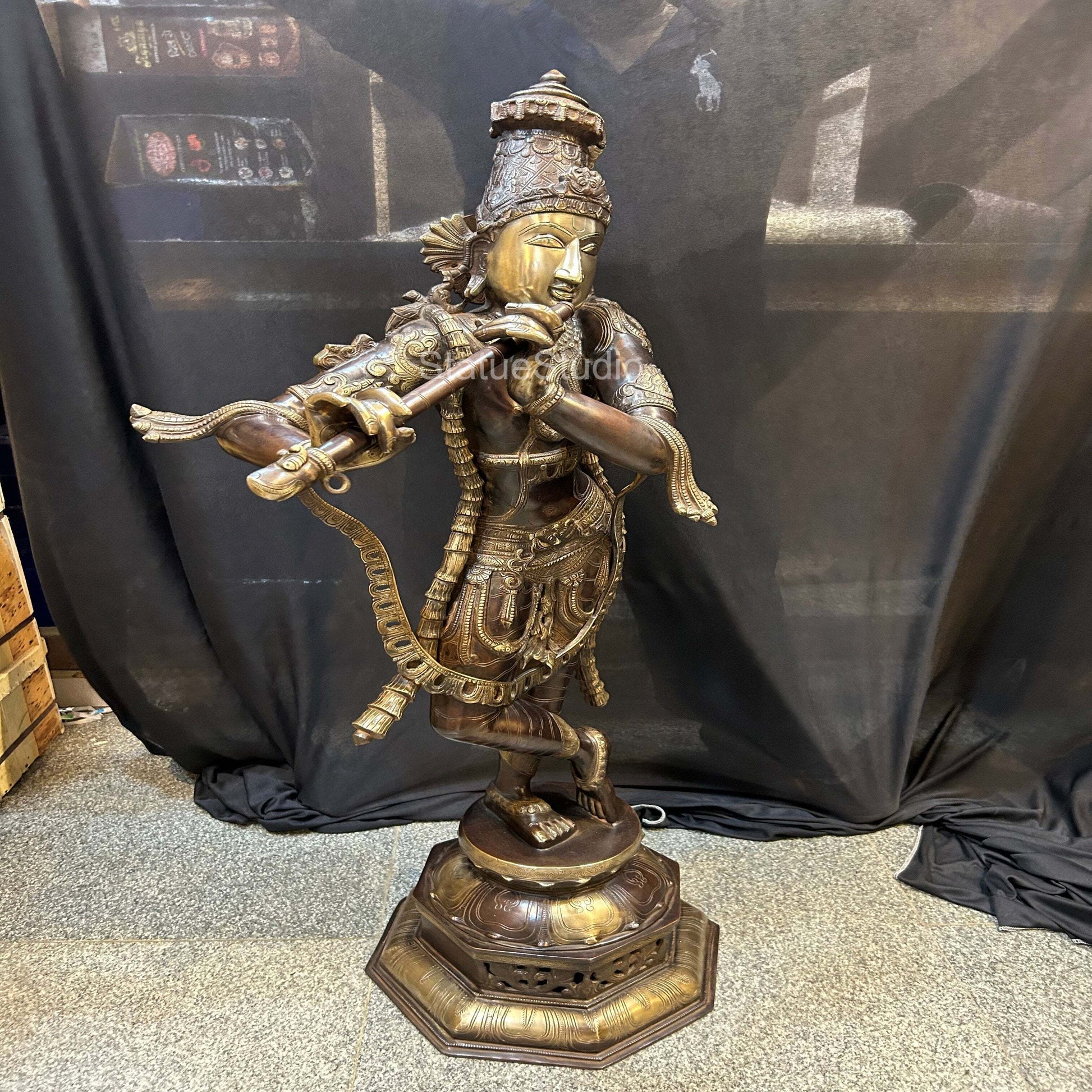 Brass Large Krishna Idol Antique Finish For Home Office Garden Decor Statue 2.5 Feet - Image 7