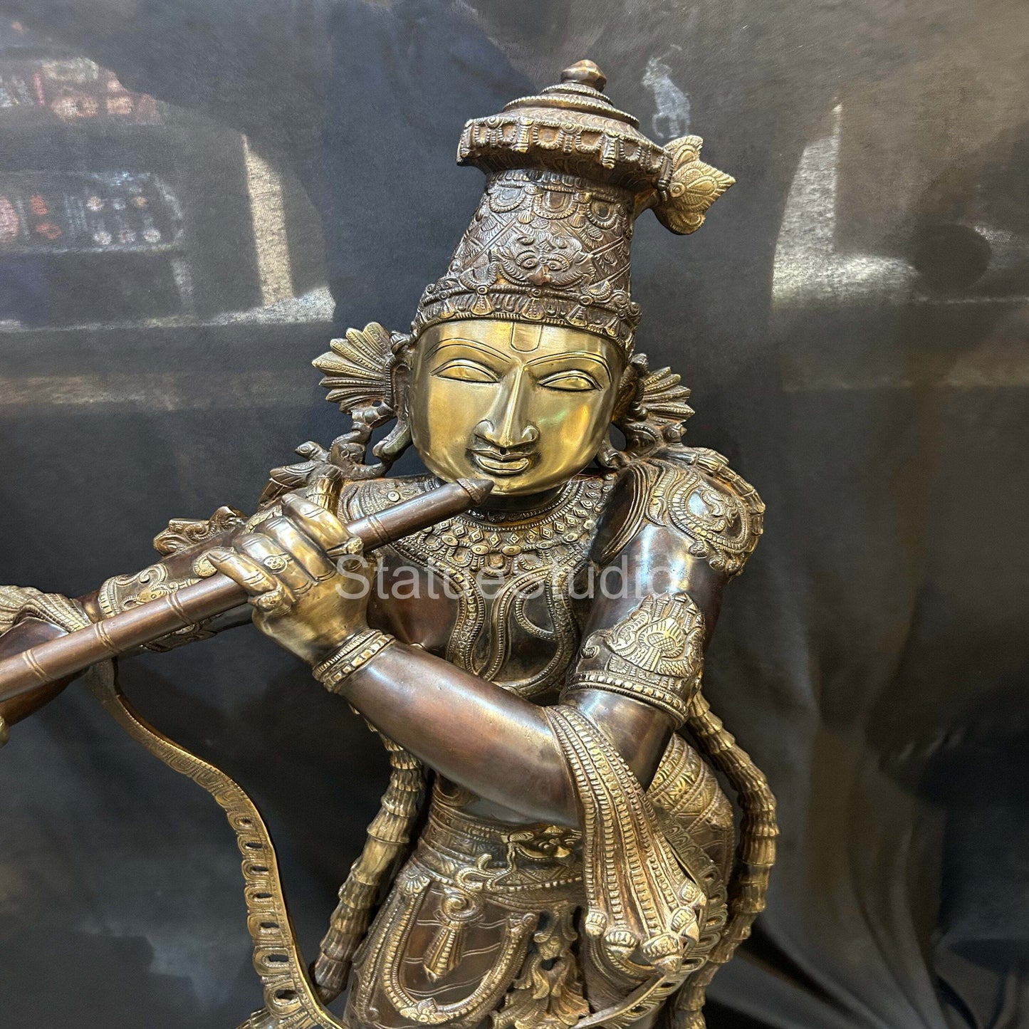 Brass Large Krishna Idol Antique Finish For Home Office Garden Decor Statue 2.5 Feet