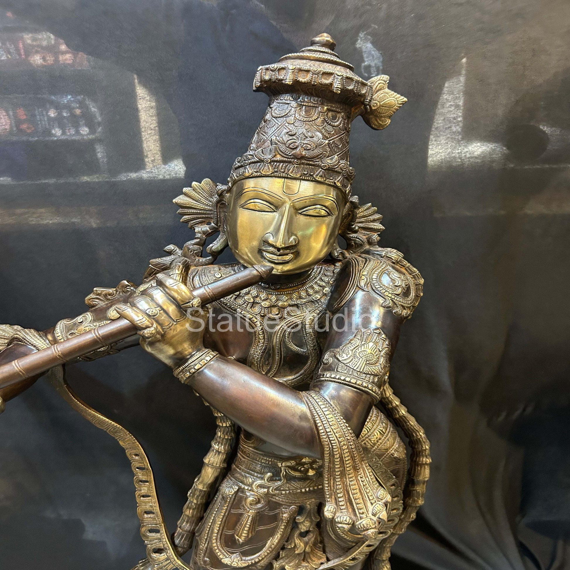Brass Large Krishna Idol Antique Finish For Home Office Garden Decor Statue 2.5 Feet - Image 8