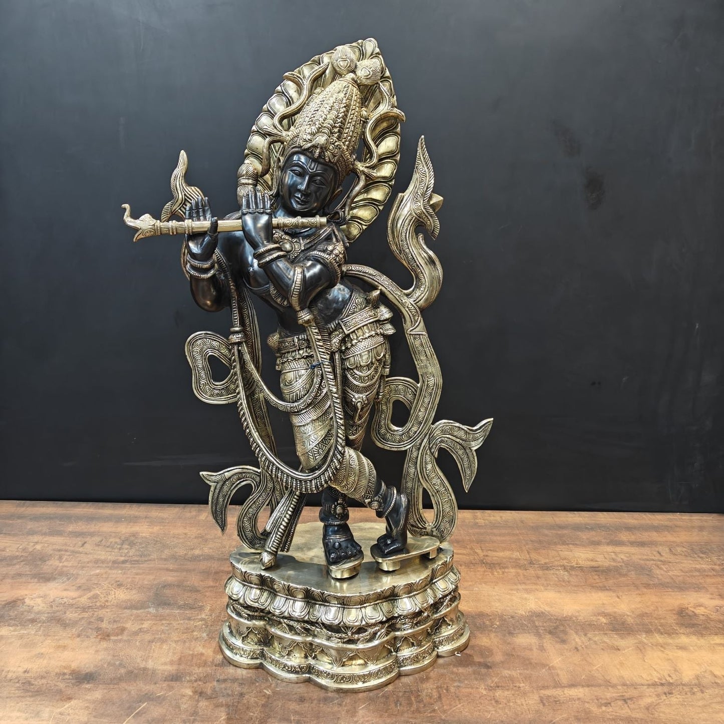 Brass Large Krishna Idol Antique Finish for Home Decor 3 Feet