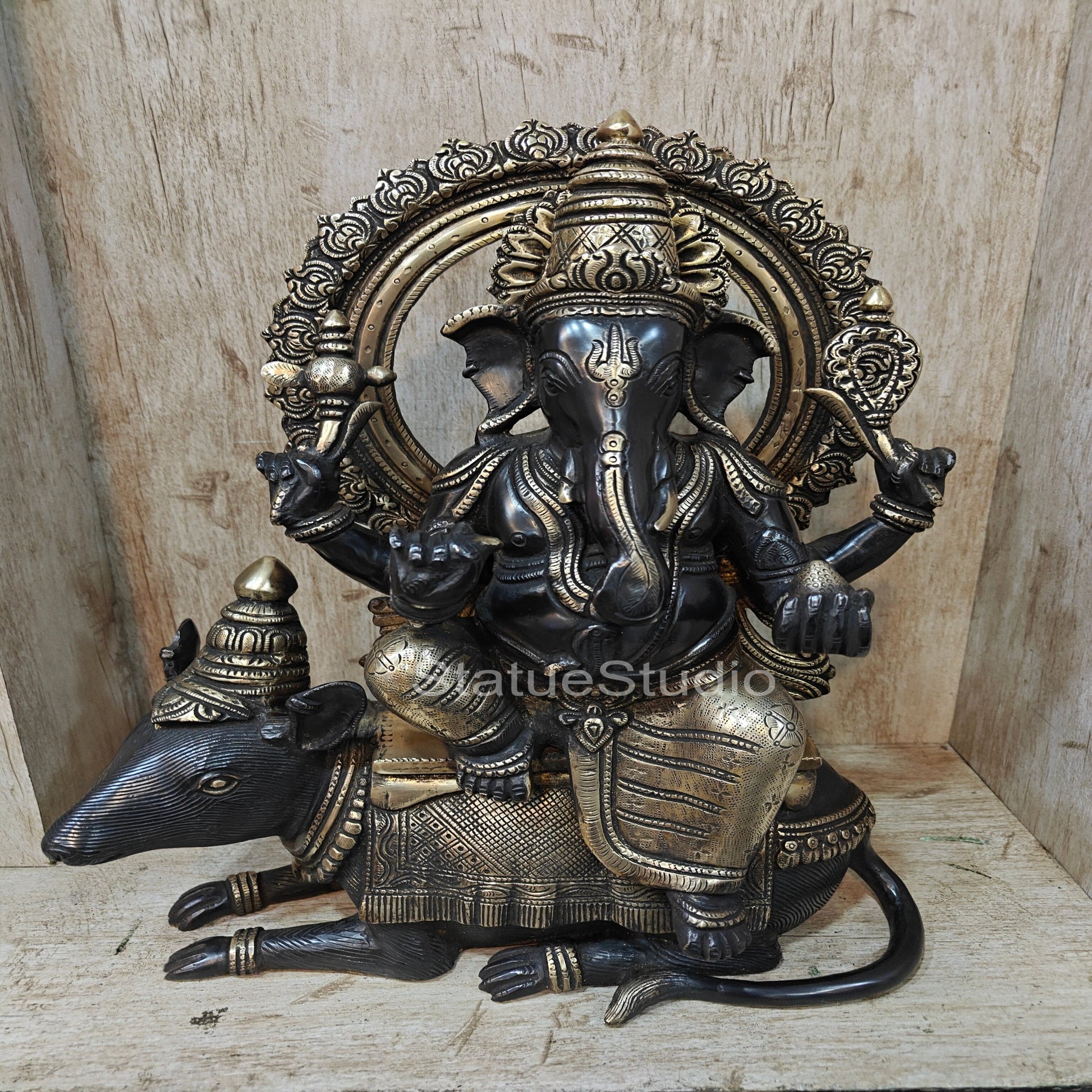 Brass Ganesha Statue Seated On Rat Antique Finish For Home  Showpiece 1.5 Feet - Image 3