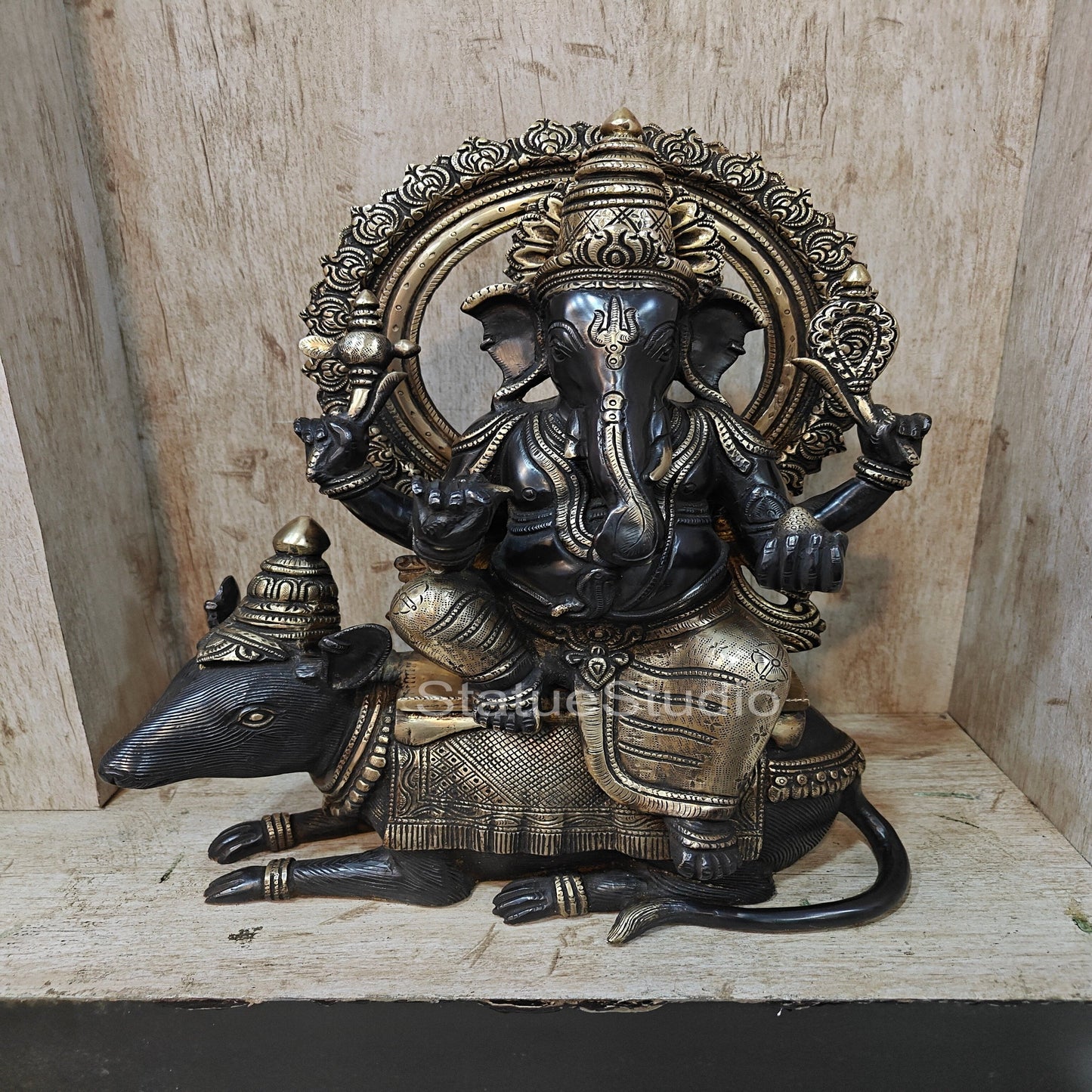 Brass Ganesha Statue Seated On Rat Antique Finish For Home  Showpiece 1.5 Feet