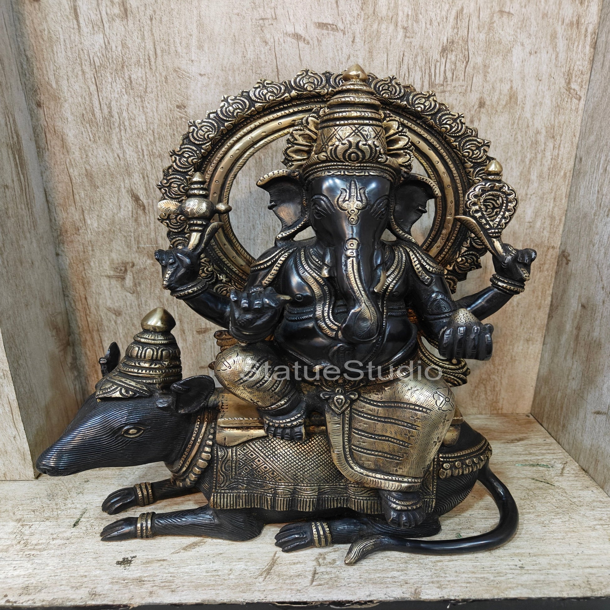 Brass Ganesha Statue Seated On Rat Antique Finish For Home  Showpiece 1.5 Feet - Image 2