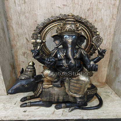 Brass Ganesha Statue Seated On Rat Antique Finish For Home  Showpiece 1.5 Feet by vendor-unknown - Hindu Gods (View 2)