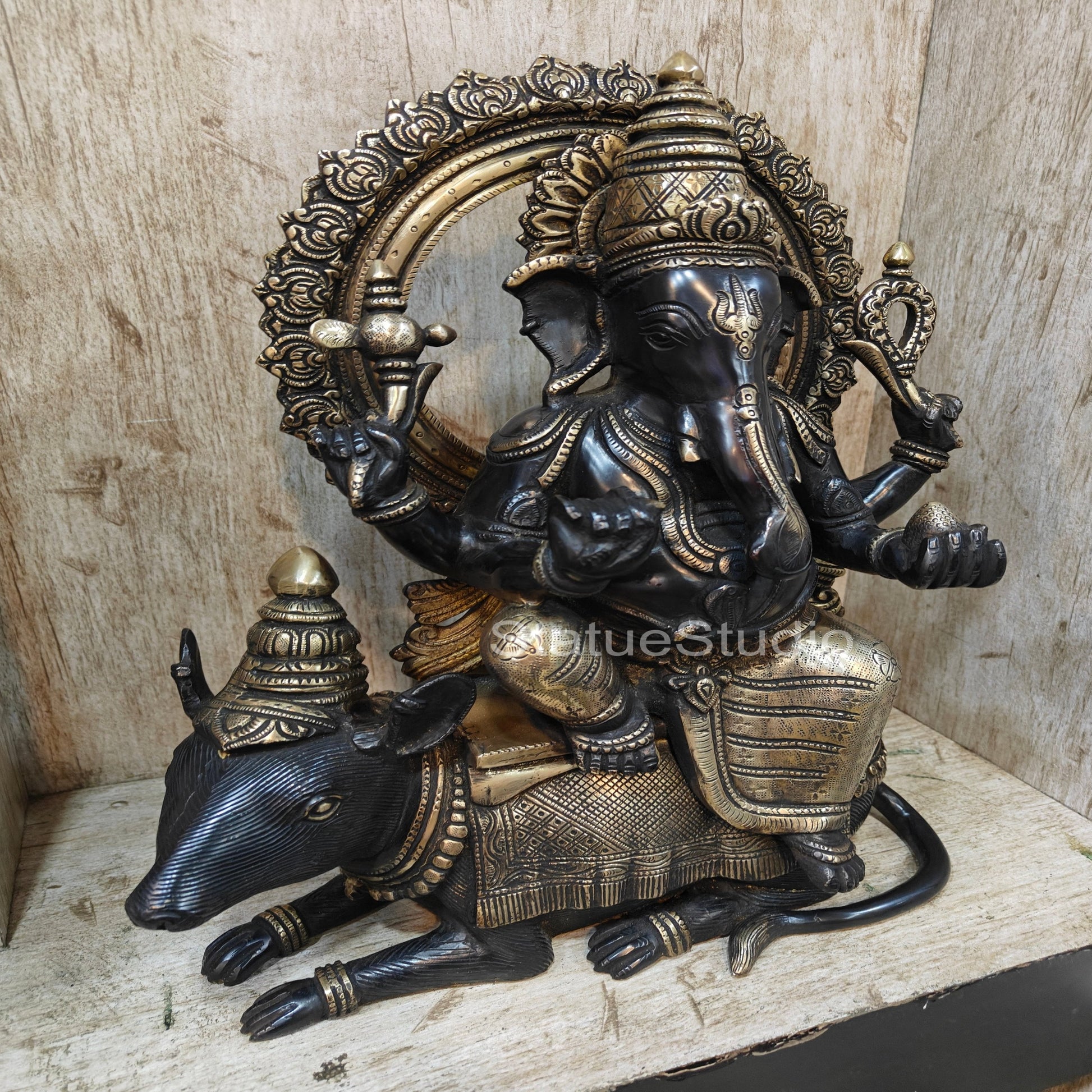 Brass Ganesha Statue Seated On Rat Antique Finish For Home  Showpiece 1.5 Feet - Image 5
