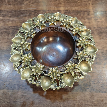 Brass Designer Urli With Flowers And Diya For Decor And Gifting 10" by vendor-unknown - Decor (View 2)