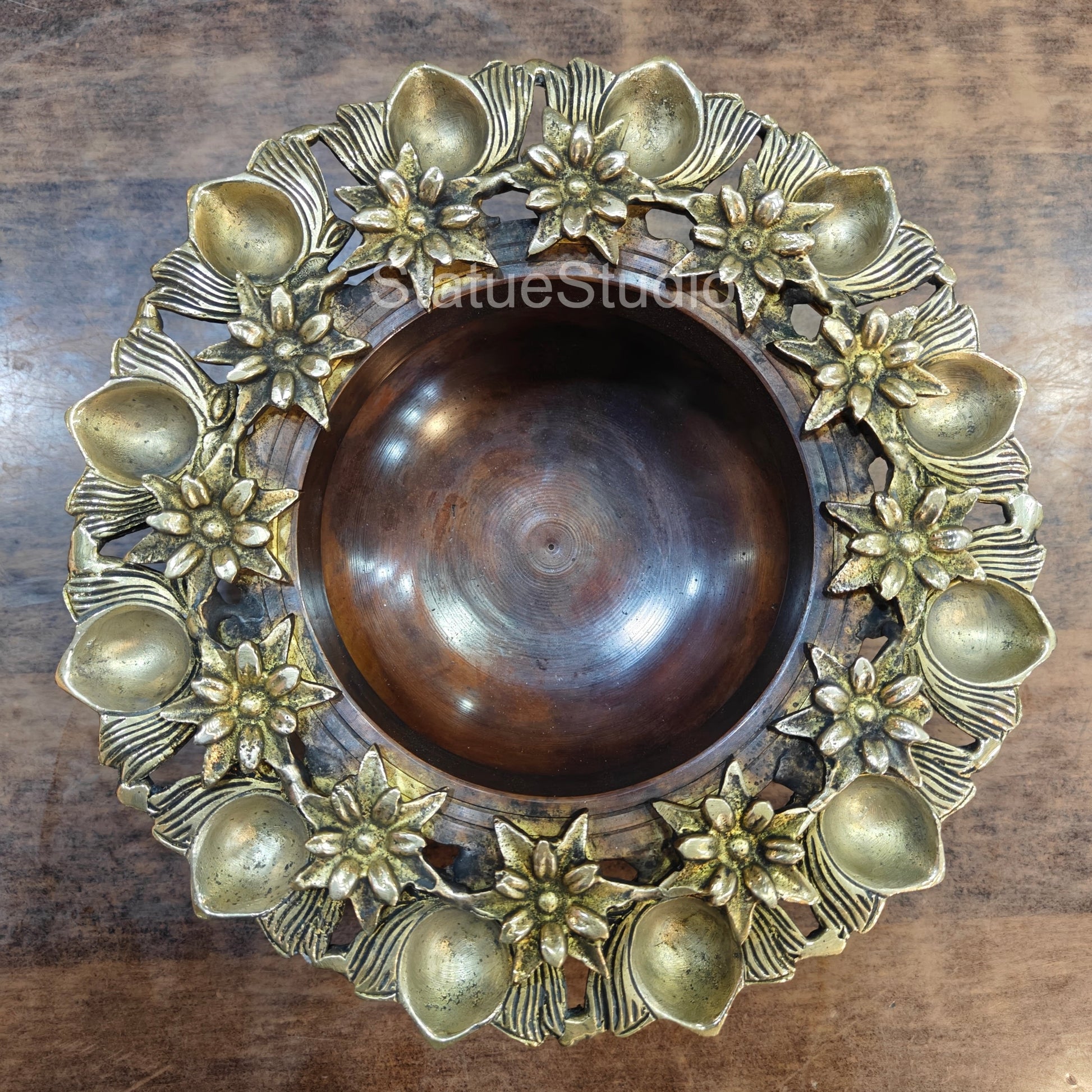 Brass Designer Urli With Flowers And Diya For Decor And Gifting 10" - Image 4