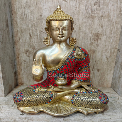 Brass Buddha Blessing Mudra Statue Stone Work For Decor Showpiece 16" by vendor-unknown - Buddha (View 2)