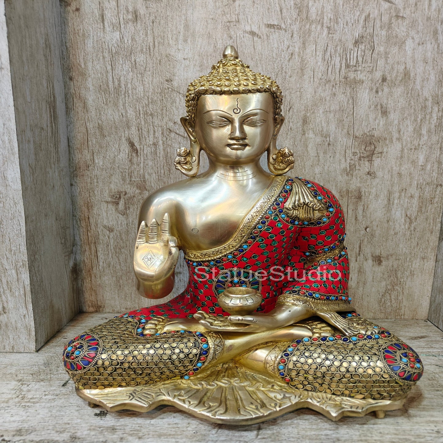 Brass Buddha Blessing Mudra Statue Stone Work For Decor Showpiece 16"