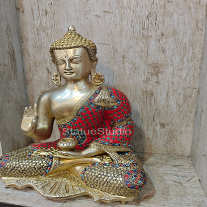 Brass Buddha Blessing Mudra Statue Stone Work For Decor Showpiece 16" by vendor-unknown - Buddha (View 5)