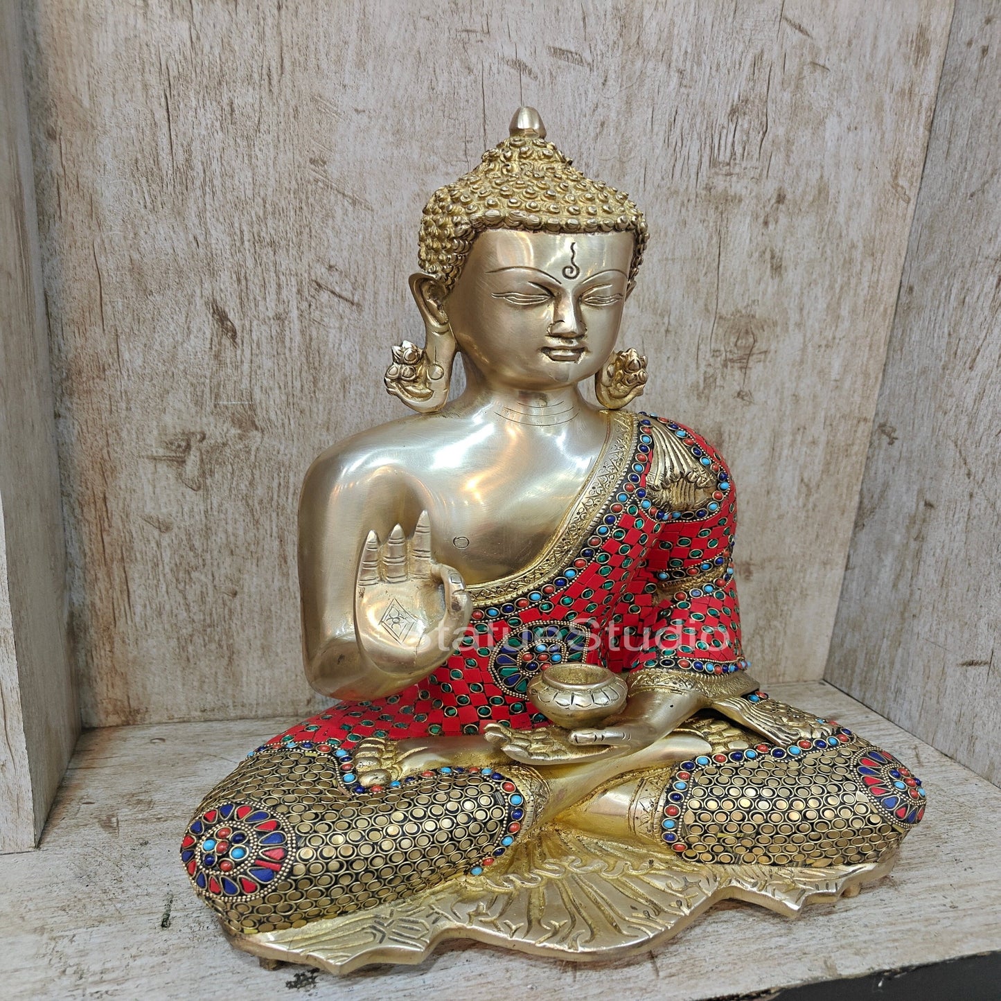 Brass Buddha Blessing Mudra Statue Stone Work For Decor Showpiece 16"