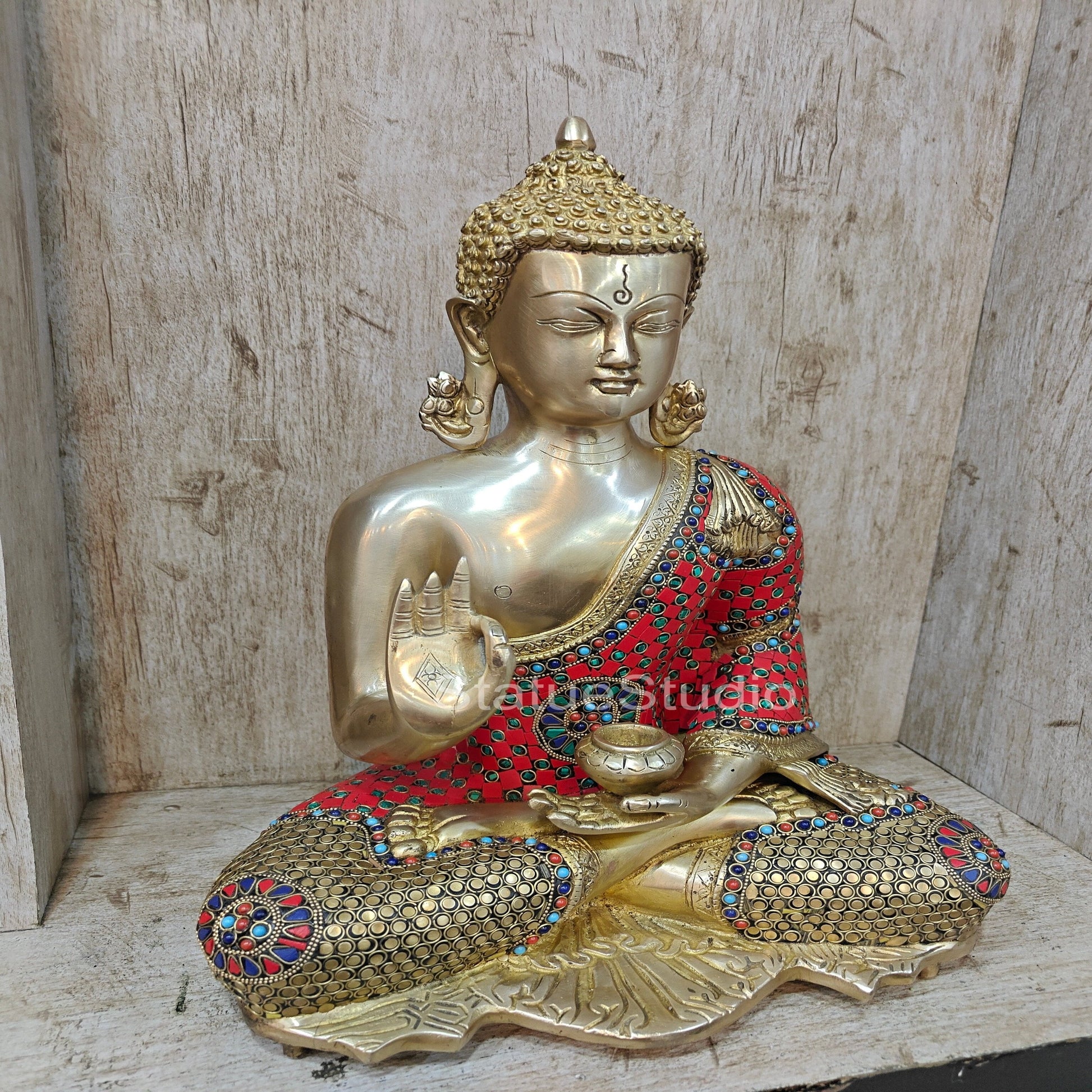 Brass Buddha Blessing Mudra Statue Stone Work For Decor Showpiece 16" - Image 4